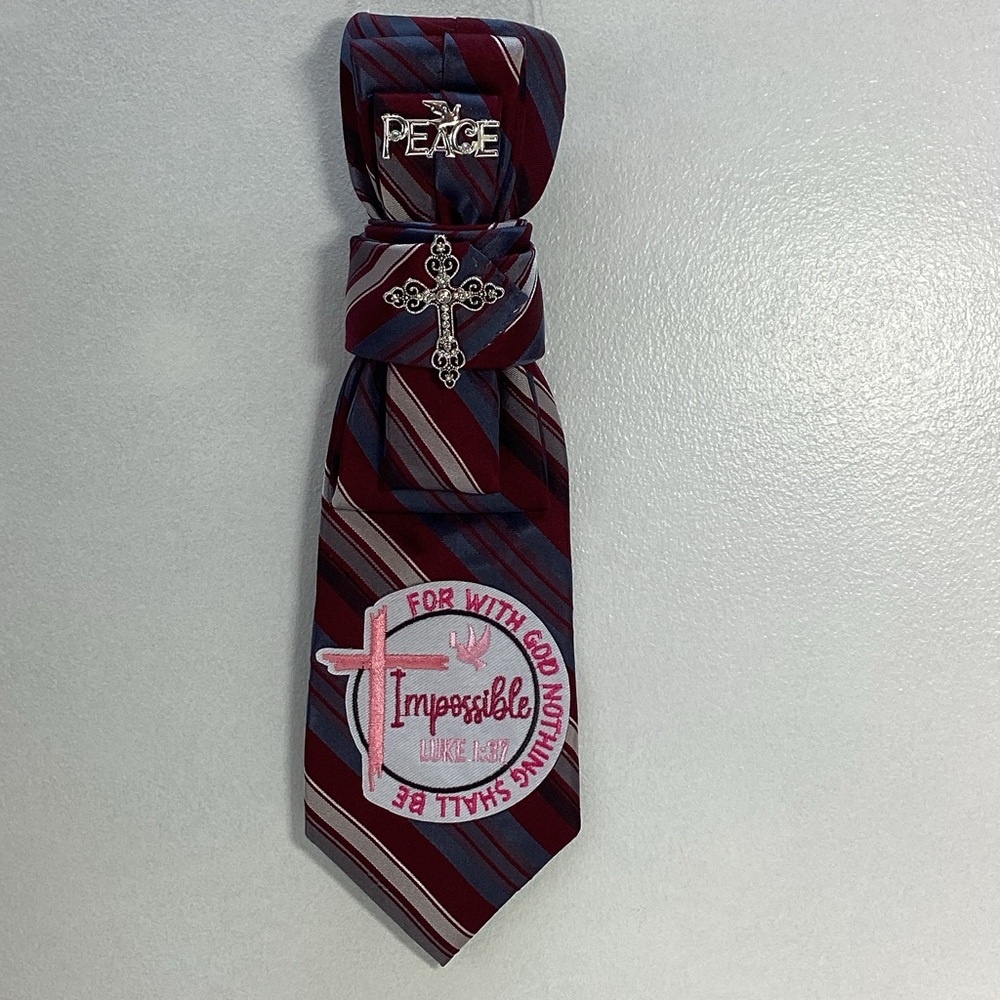 Junky Tie: Burgundy and Gray Striped Upcycle Tie with Inspirational Patch